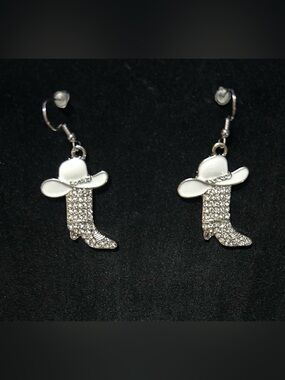 Rhinestone Cowboy Boot & Hat Dangle Earrings - White & Silver